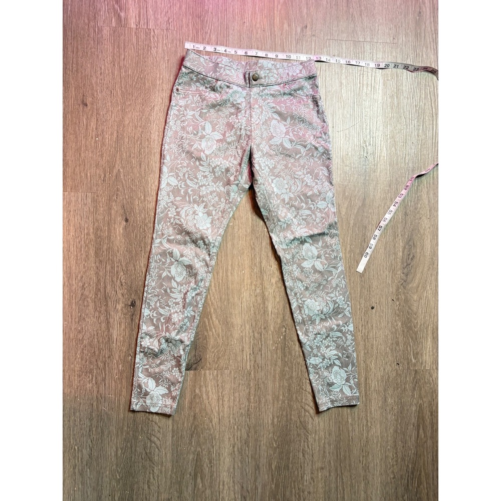 Hue Floral Denim Leggings Womens Small Sage Green Pink Pull On Jeggings Skinnies
